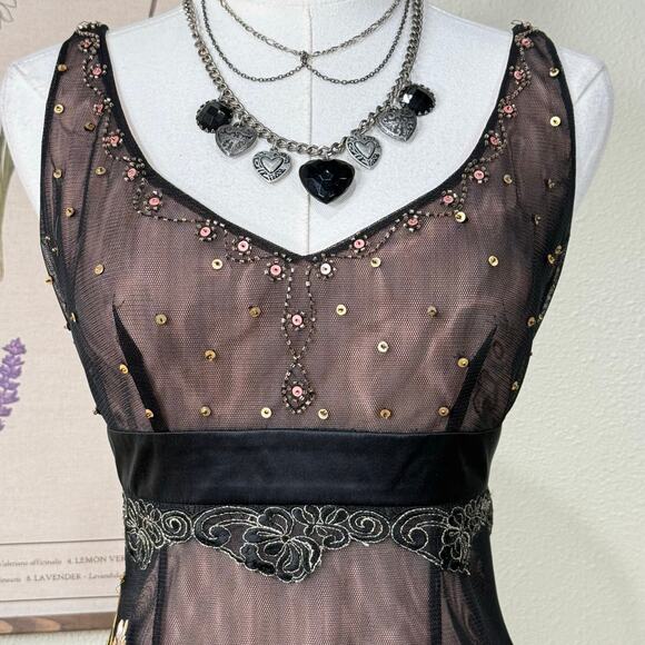 Vintage Pink Mesh Beaded Floral Dress Fairy Romantic Whimsigoth Dark Coquette 4 - Picture 2 of 8